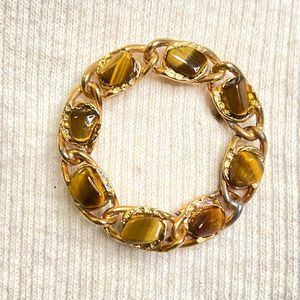 💎Vintage Tigers Eye Brown Stone Wreath Brooch Pin Figural Botanical Costume